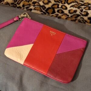 Fossil Wristlet 7" x 5" Red Fuschia Leather Colorblock Clutch Classic Retro